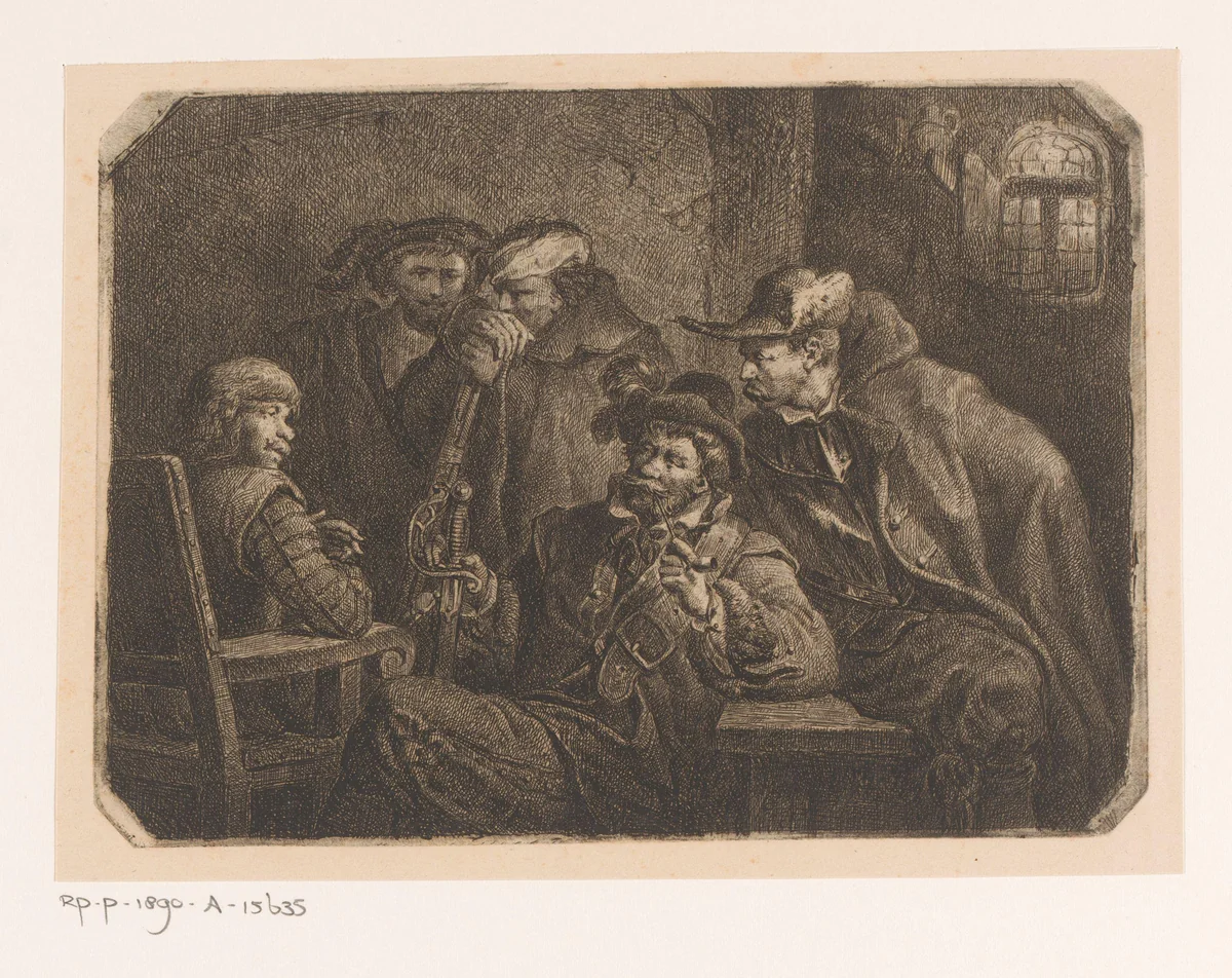 Vijf soldaten in een wachthuis by Joseph Lies, print, 1831-1865