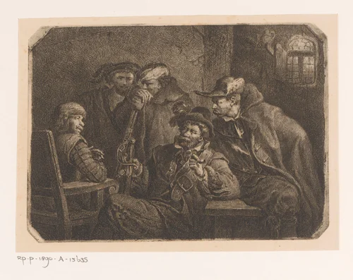 Vijf soldaten in een wachthuis by Joseph Lies, print, 1831-1865