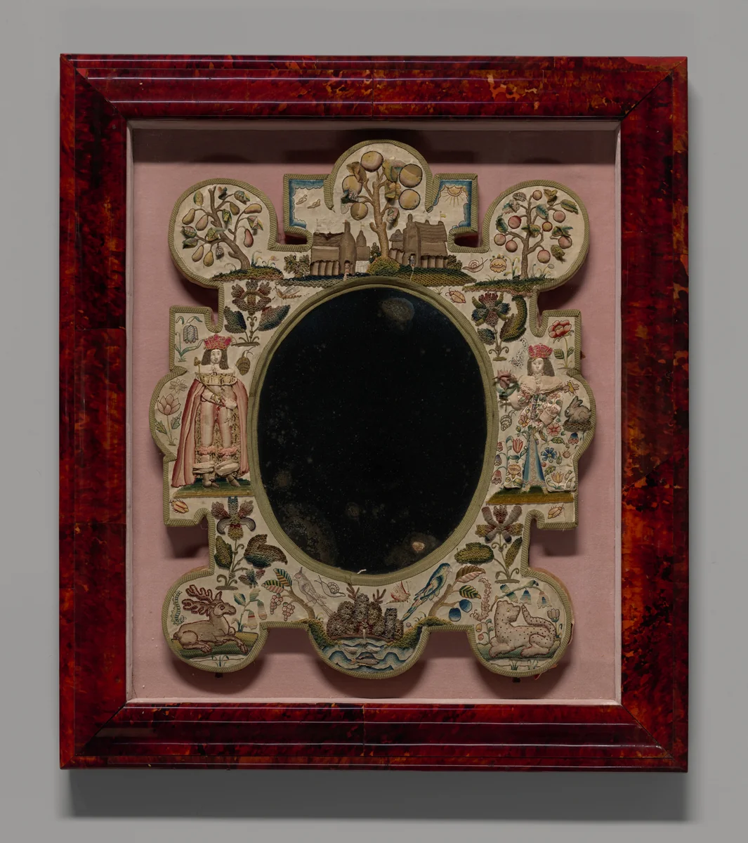 Mirror Depicting King Charles II and Queen Catherine of Braganza by England, textile, 1601-1700