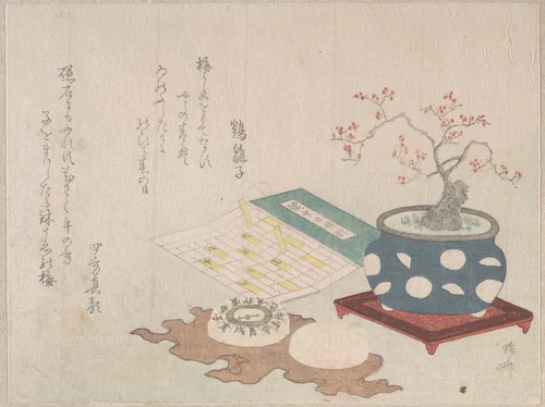 Bonsai Plum, Compass, and Pocket Sundial with Design of Calendar, from Spring Rain Surimono Album (Harusame surimono-jō, vol. 3) by Ryūryūkyo Shinsai (柳々居辰斎), print, 1806