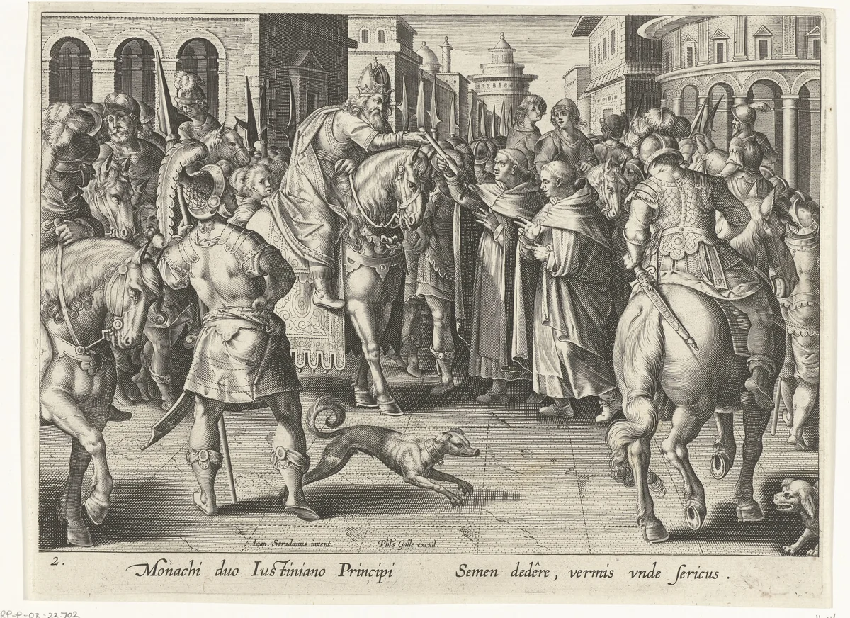 Keizer Justinianus I ontvangt de eerste zijdewormeitjes by Karel van Mallery, print, 1595