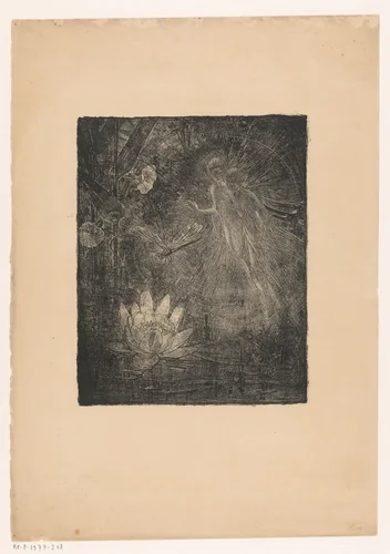 Twee gevleugelde figuren en een libelle bij een waterlelie by Edzard Koning, print, 1879-1954