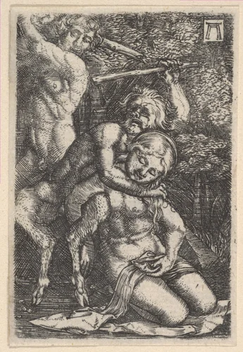 Two Satyrs Fighting Over a Nymph by Albrecht Altdorfer, print, 1500-1538