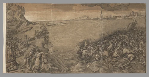 The crossing of the red sea, Moses stands at the left pointing to the army being submerged, after Titian by Andrea Andreani, print, 1589