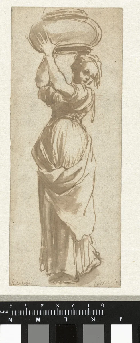 Lopende vrouw met een kom boven haar hoofd by Cigoli, drawing, 1570-1613