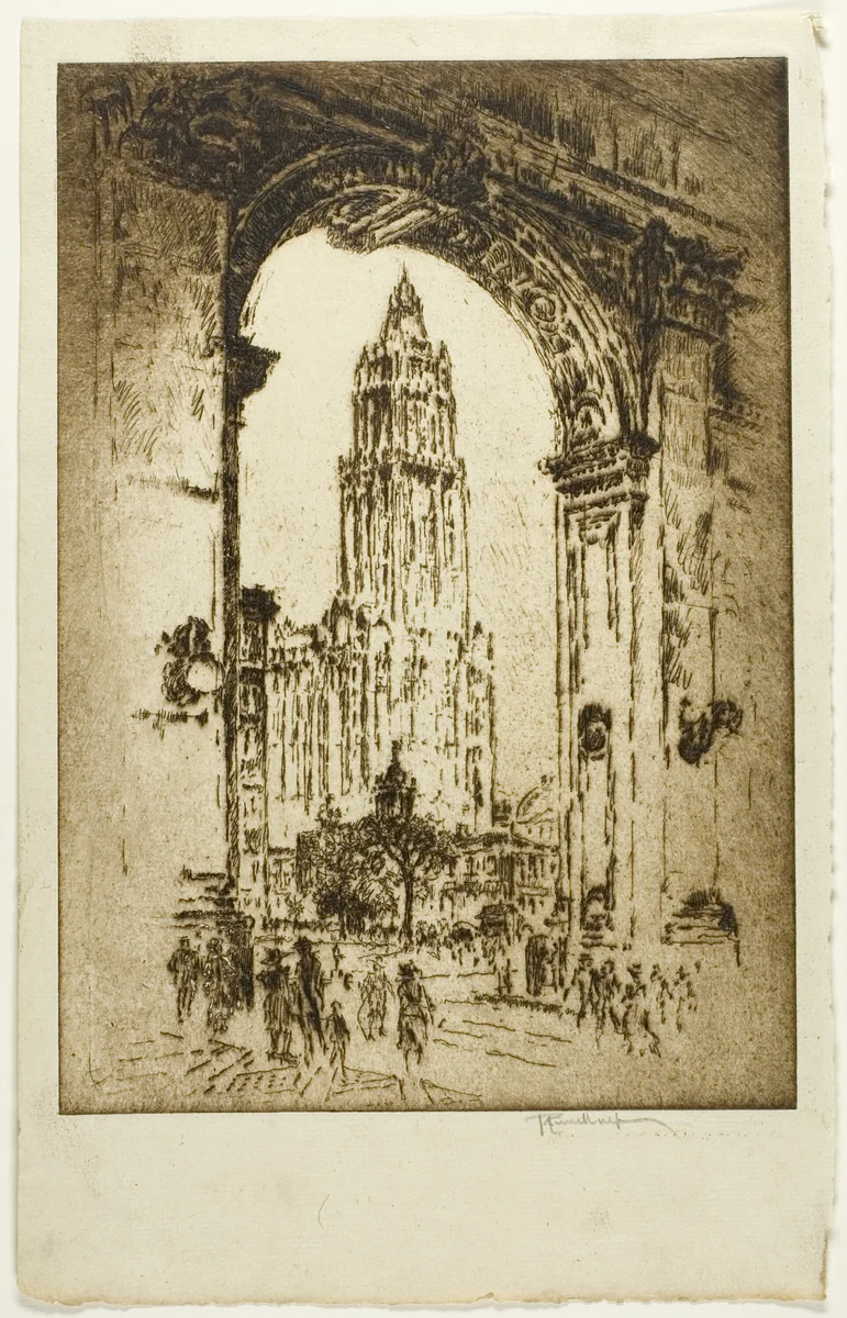 The Woolworth through the Arch by Joseph Pennell, print, 1921