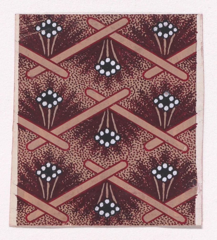 Textile Design with Horizontal Rows of Undulating Garlands and Zig-Zagging Stiff Branches Flanked by Rosettes of Pearls Over a Stippled Background by anonymous, drawing, 1840