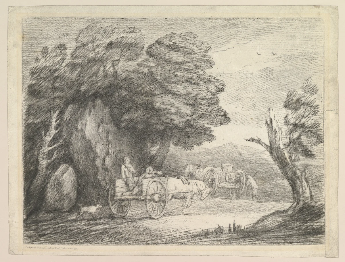 Wooded Landscape with Two Country Carts and Figures by Thomas Gainsborough, print, 1797