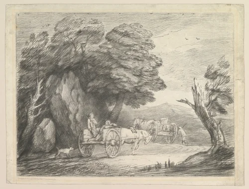 Wooded Landscape with Two Country Carts and Figures by Thomas Gainsborough, print, 1797