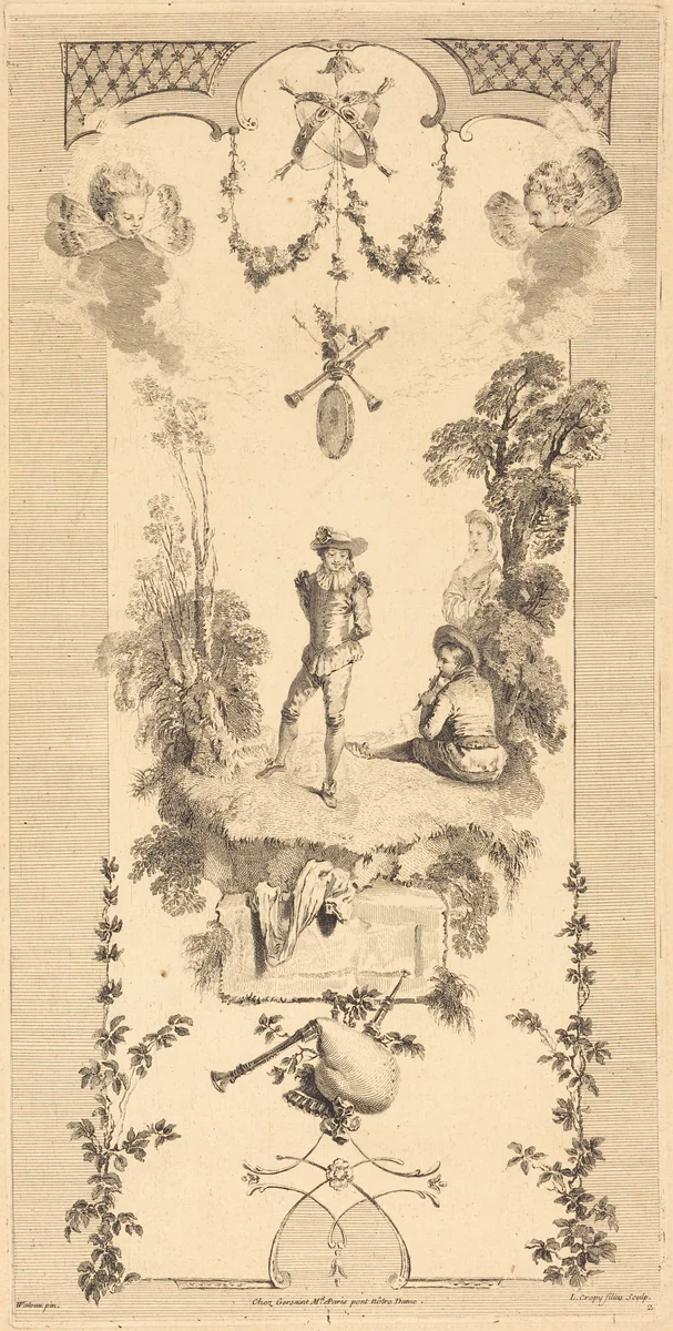 Shepherd Dancing to the Sound of a Flute by Louis Crépy; Antoine Watteau, print, 1680-1760