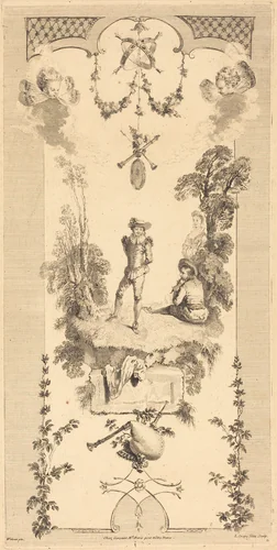 Shepherd Dancing to the Sound of a Flute by Louis Crépy; Antoine Watteau, print, 1680-1760