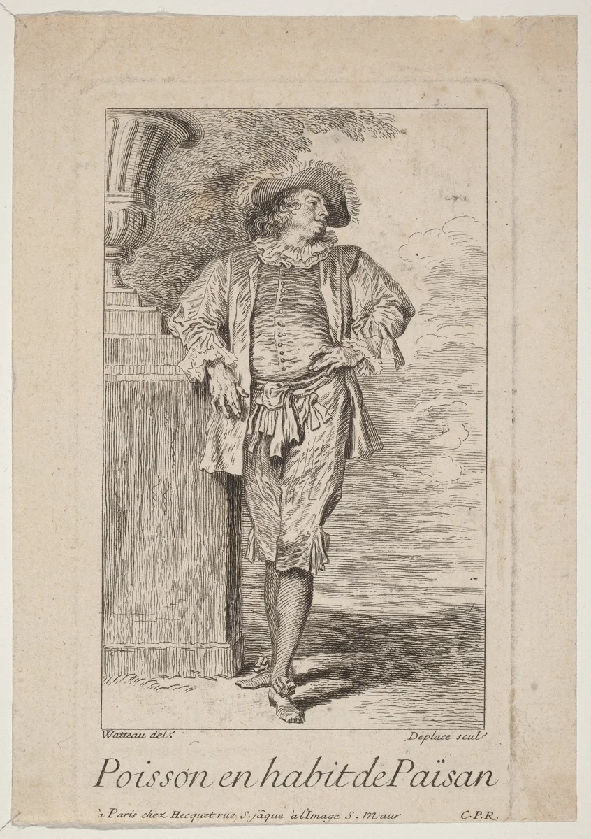 Poisson en habit de Païsan by Louis Deplaces; Antoine Watteau, print, 1736-1810