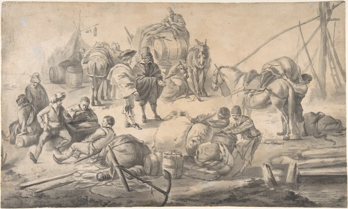 Figures at a Quayside by Johannes Lingelbach, drawing, 1647-1674