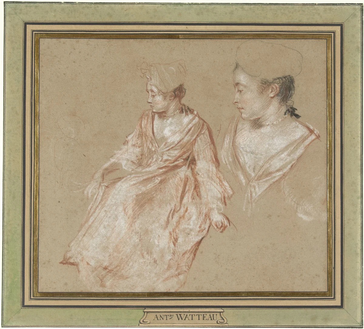 Studies of a Seated Woman and a Detail of Her Head and Shoulders by Jean-Antoine Watteau, drawing, 1716