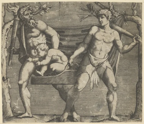 Two Fauns Carrying a Child by anonymous, print, 1500-1600