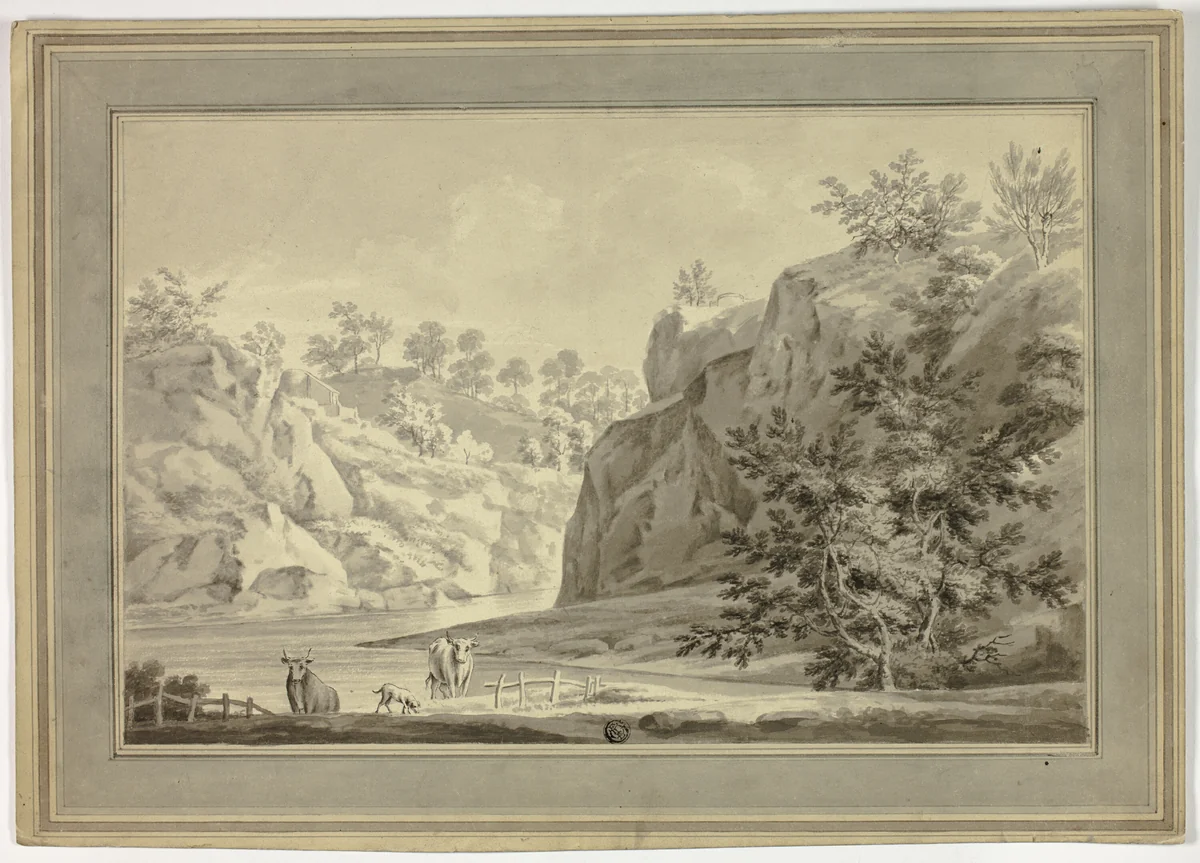 River Landscape with Cows and Dog in Foreground by Unknown Artist, drawing, 1700-1799