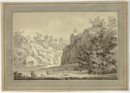 River Landscape with Cows and Dog in Foreground by Unknown Artist, drawing, 1700-1799