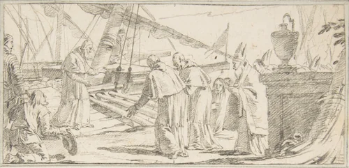 Illustration for a Book: Bishops and Monks Being Received at a Ship by a Venerable Dignitary by Giovanni Battista Tiepolo, drawing, 1696-1770