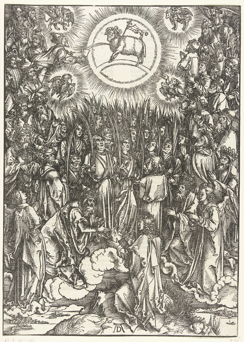 Johannes de Evangelist aanschouwt de aanbidding van het lam by Unknown, print, 1496-1497