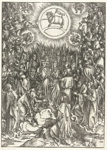 Johannes de Evangelist aanschouwt de aanbidding van het lam by Unknown, print, 1496-1497