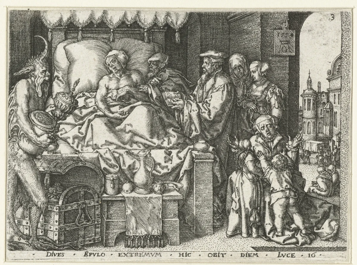 De rijke man op zijn sterfbed by Unknown, print, 1554