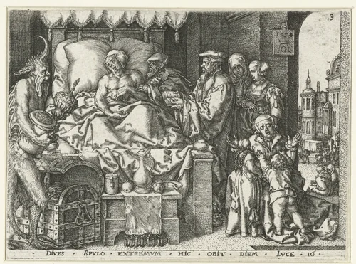 De rijke man op zijn sterfbed by Unknown, print, 1554