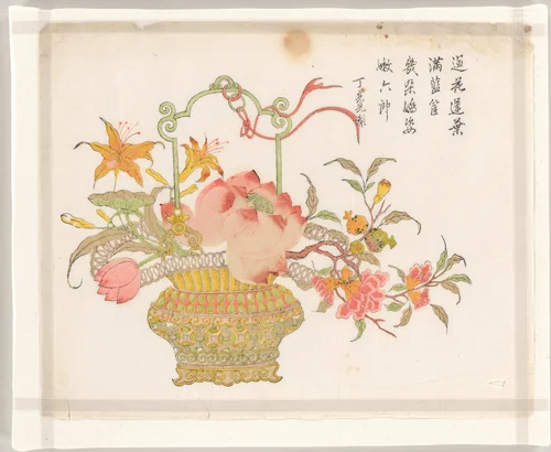 Summer basket: lotus, pomegranate and day lily by Ding Liangxian, print, 1736-1795