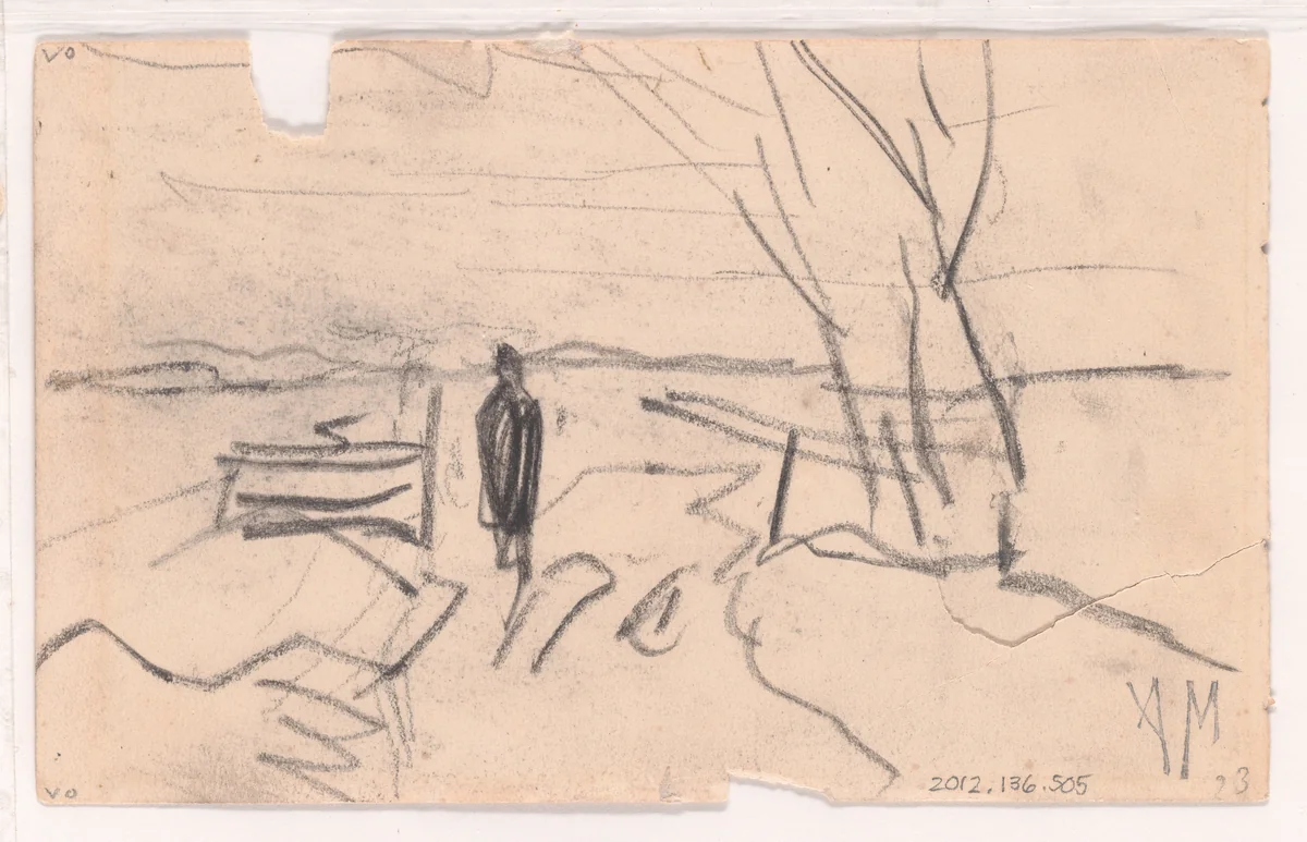 Landscape with Women Working in a Field (recto); Sketch of Landscape with Person on a Path (verso) by Anton Mauve, drawing, 1838-1888