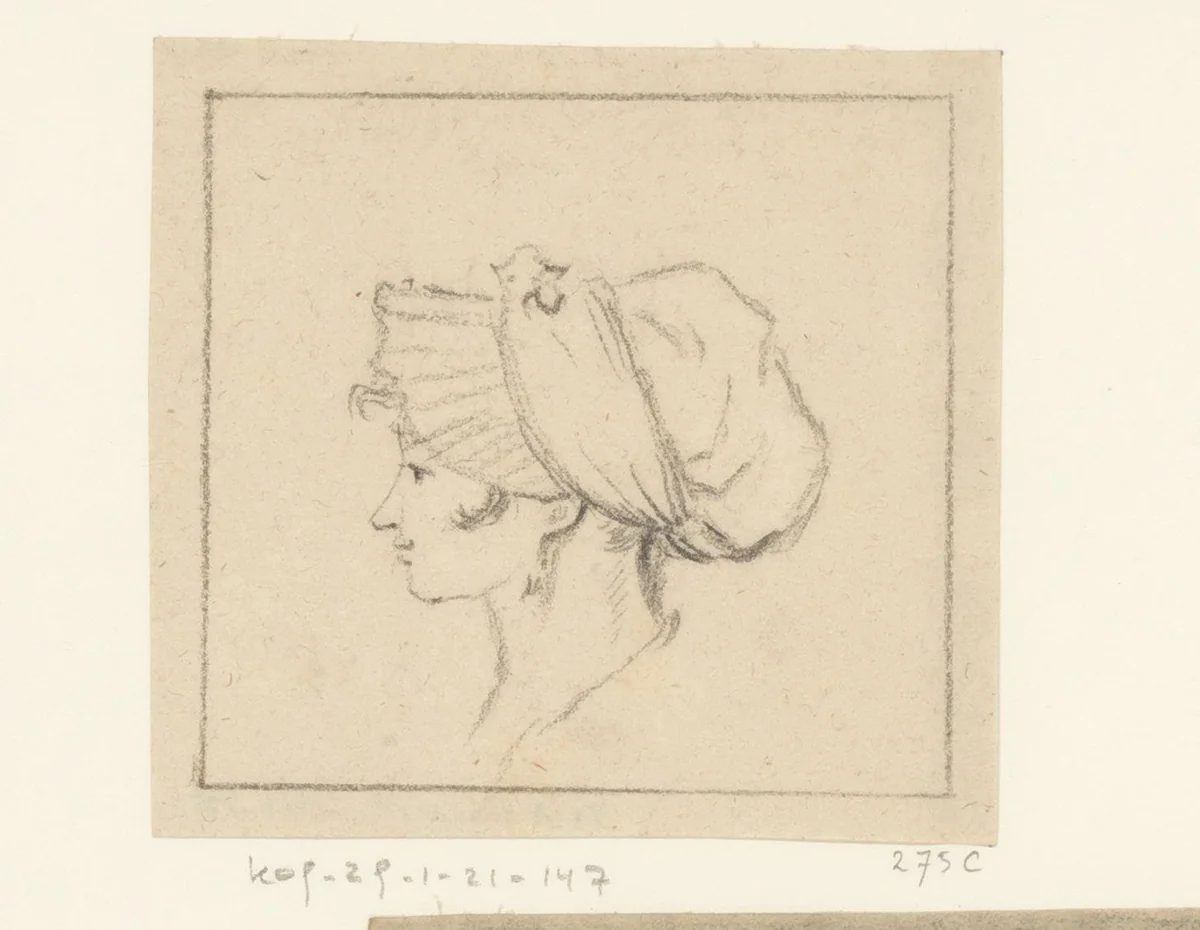 Gezicht van een vrouw met muts en profil by anonymous, drawing, 1800-1849