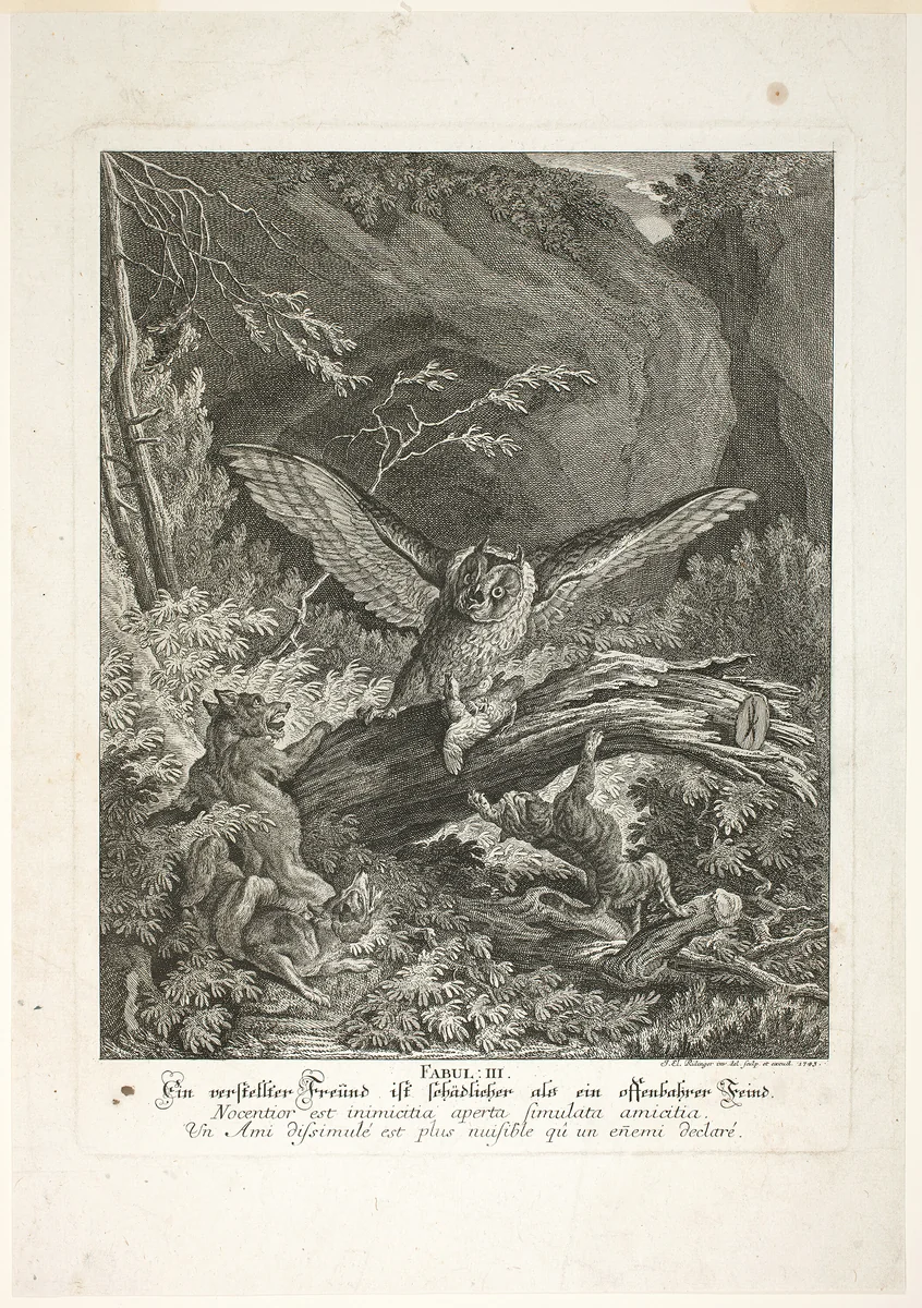 Fable III, plate three from Lehrreiche Fabeln aus dem Reiche der Theire by Johann Elias Ridinger, print, 1743