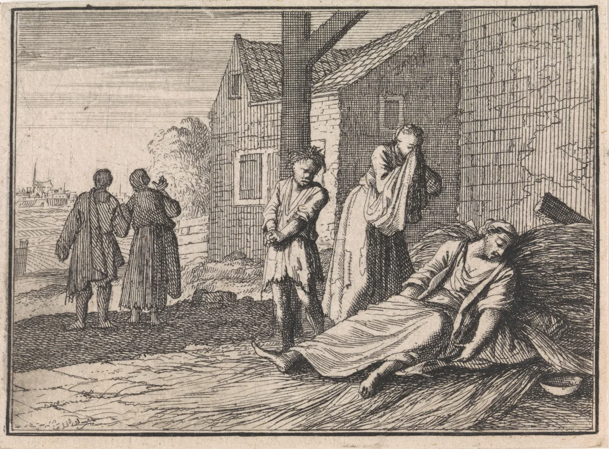 Vrouw sterft op een mesthoop in het bijzijn van haar twee kinderen by Caspar Luyken, print, 1710