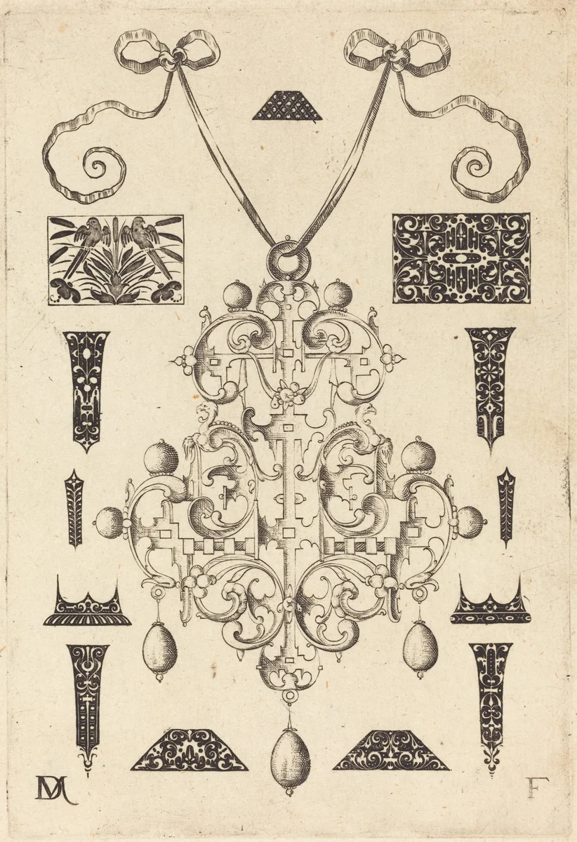 Large Pendant, Surrounded by Thirteen Studs by Daniel Mignot, print, 1593