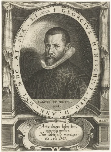 Portret van Georg Henisch op 51-jarige leeftijd by Dominicus Custos, print, 1579-1615