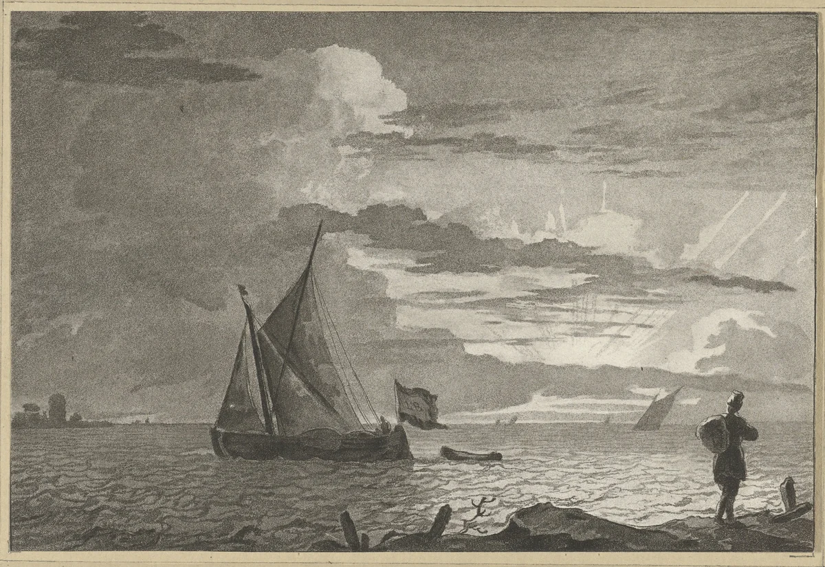 Man met zak op de schouder bij zonsopgang by Cornelis Ploos van Amstel, print, 1779-1781