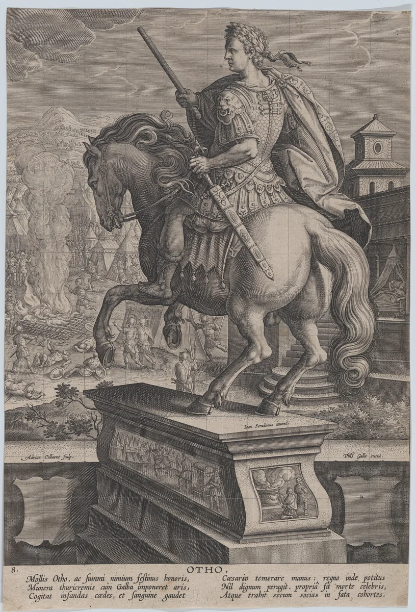 Plate 8: equestrian statue of Otho, seen from behind, his death scene in the background with him stabbing himself at right and the burning of his body at left, from 'Roman Emperors on Horseback' by Adriaen Collaert, print, 1582-1594