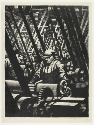 Making the Engine from Building Aircraft by Christopher Richard Wynne Nevinson, print, 1917