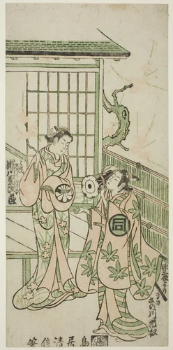 The Actors Sanogawa Ichimatsu I as Minamoto no Yorimasa and Segawa Kikujiro I as Nobutsura's wife Karumo in the play "Shusse Momijigari," performed at the Ichimura Theater in the eleventh month, 1747 by Torii Kiyonobu II, print, 1747