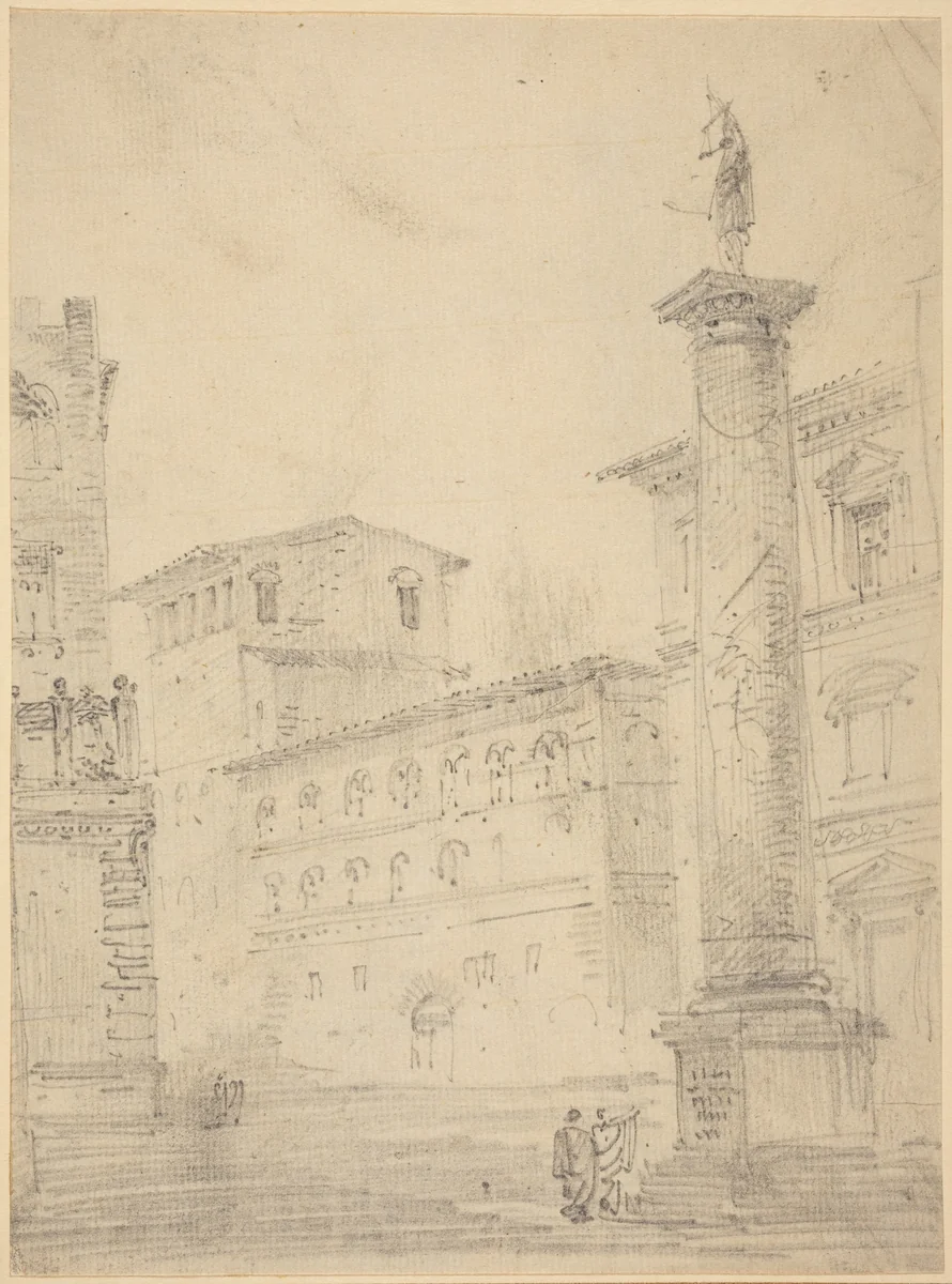 Figures on a Roman Piazza by Robert Smith, drawing, 1792-1882