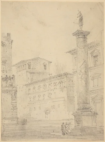 Figures on a Roman Piazza by Robert Smith, drawing, 1792-1882