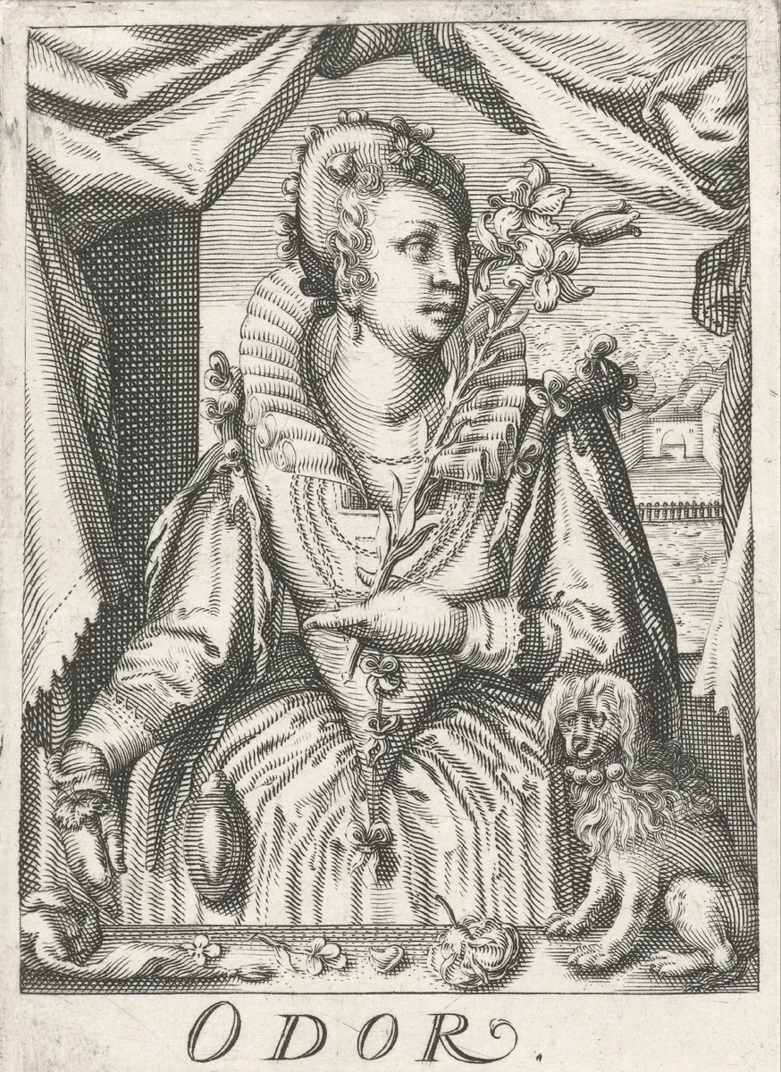Reuk (Odor), een vrouw met een bloemtak by Unknown, print, 1583-1650