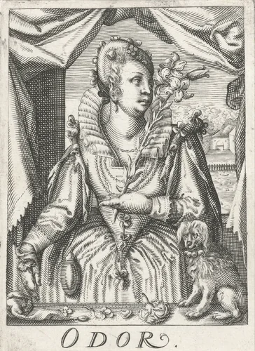Reuk (Odor), een vrouw met een bloemtak by Unknown, print, 1583-1650