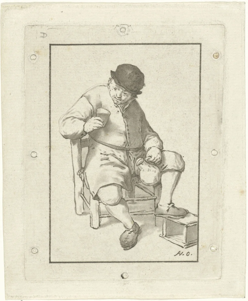 Zittende boer met kruik by Cornelis Ploos van Amstel, print, 1763-1768