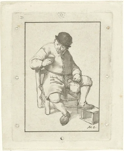 Zittende boer met kruik by Cornelis Ploos van Amstel, print, 1763-1768