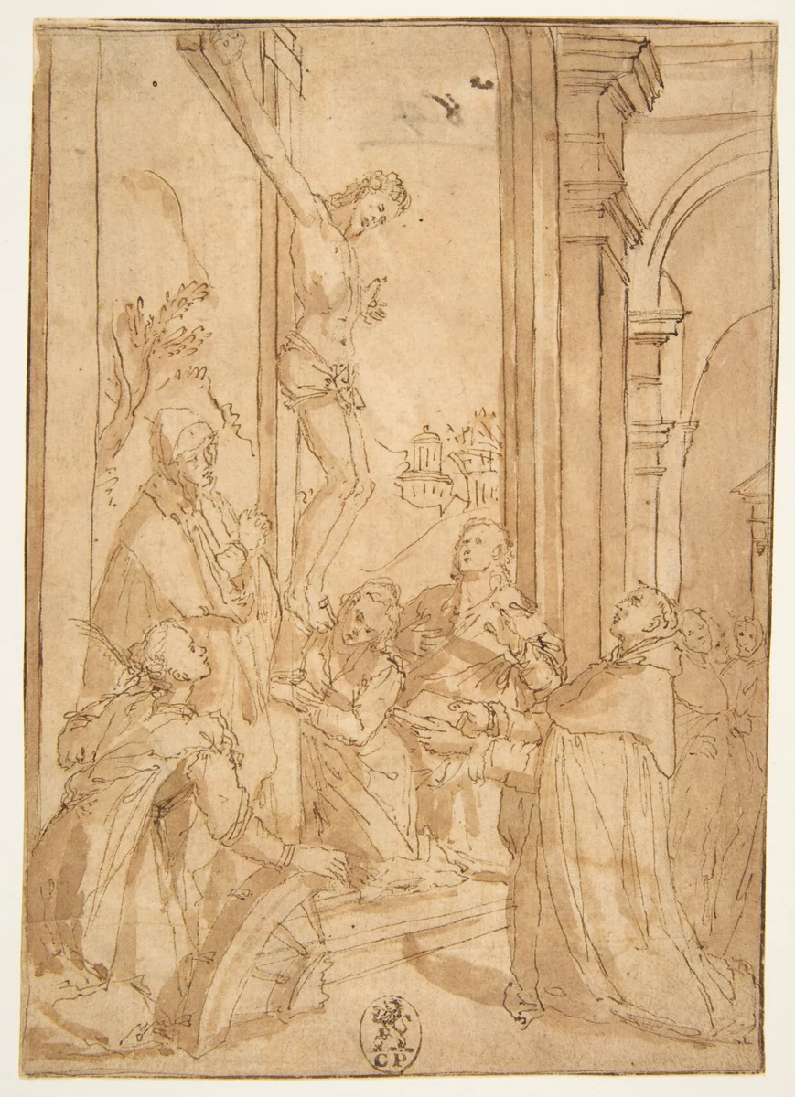 St. Thomas Aquinas Presenting His Work to the Crucified Christ by Santi di Tito, drawing, 1588-1598