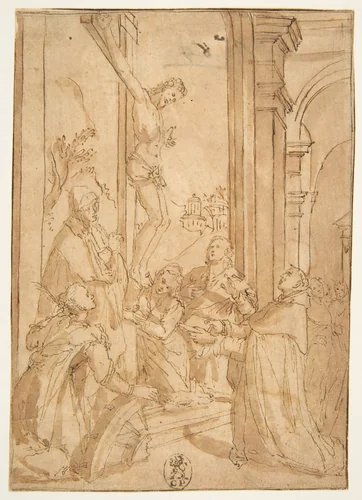 St. Thomas Aquinas Presenting His Work to the Crucified Christ by Santi di Tito, drawing, 1588-1598