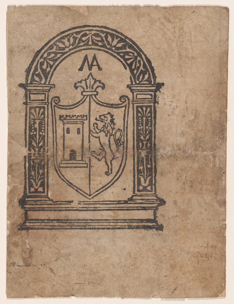 Book illustration or more likely a trademark with a coat of arms featuring a lion and a tower set within an arch by anonymous, print, 1500-1599