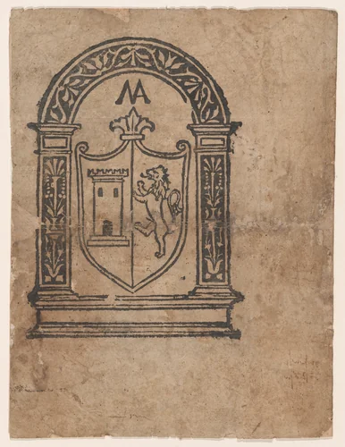 Book illustration or more likely a trademark with a coat of arms featuring a lion and a tower set within an arch by anonymous, print, 1500-1599