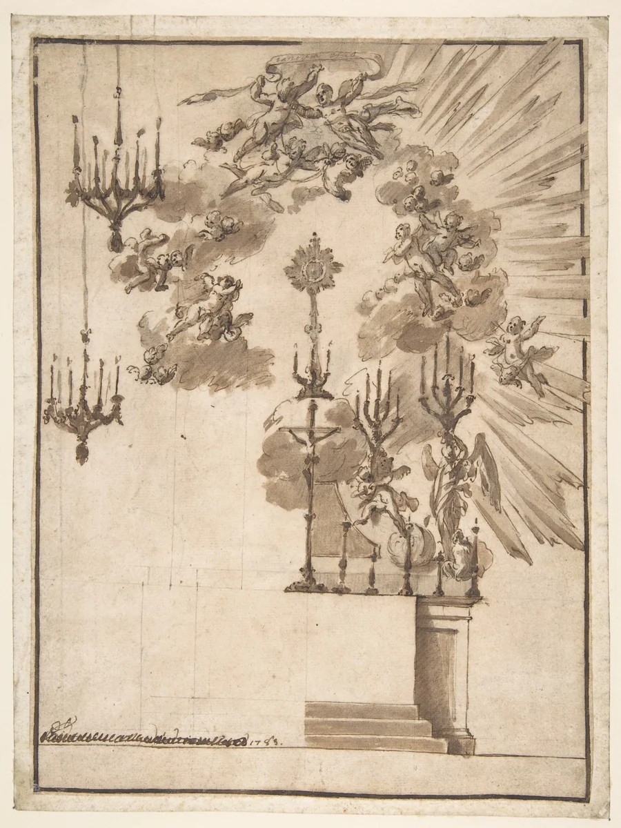Design for an Altar for Easter Week Celebrations Decorated with Putti and Chandeliers by Jacopo Guarana, drawing, 1783