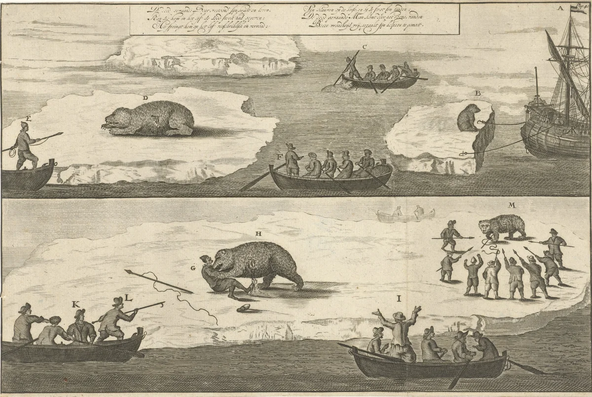 Jacht op een ijsbeer / ijsbeer valt man aan by Jan Luyken, print, 1684