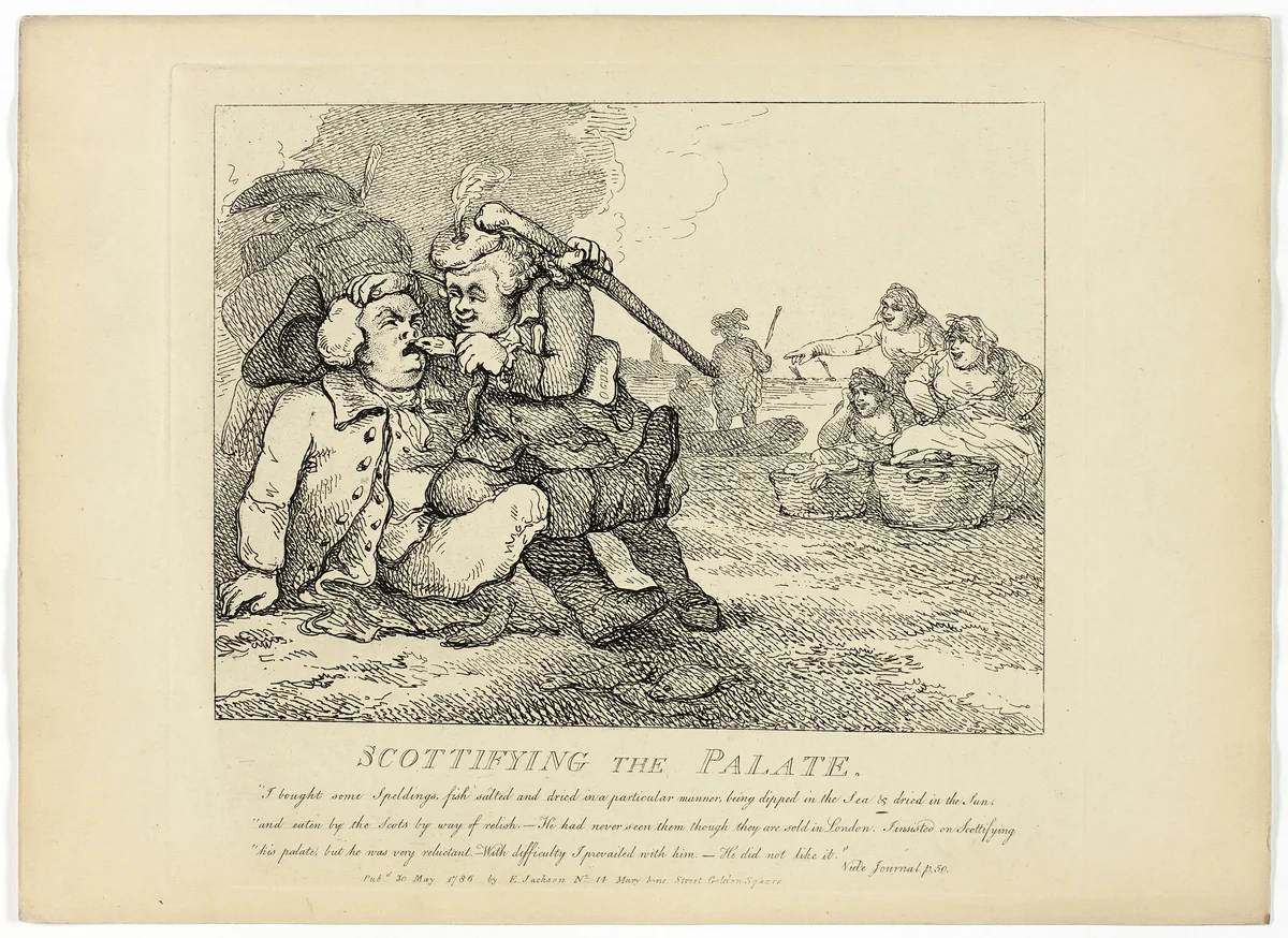 Scottifiying the Palate, from Boswell's Tour of the Hebrides by Thomas Rowlandson, print, 1786